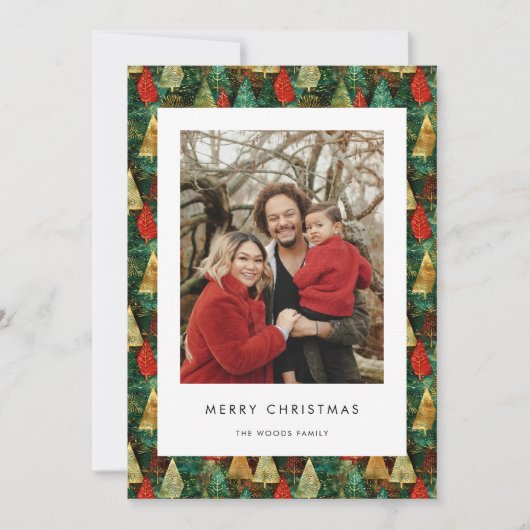Modern groen en rood vrolijk kerstfeest familiefot feestdagenkaart (Voorkant)