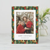 Modern groen en rood vrolijk kerstfeest familiefot feestdagenkaart (Staand voorkant)