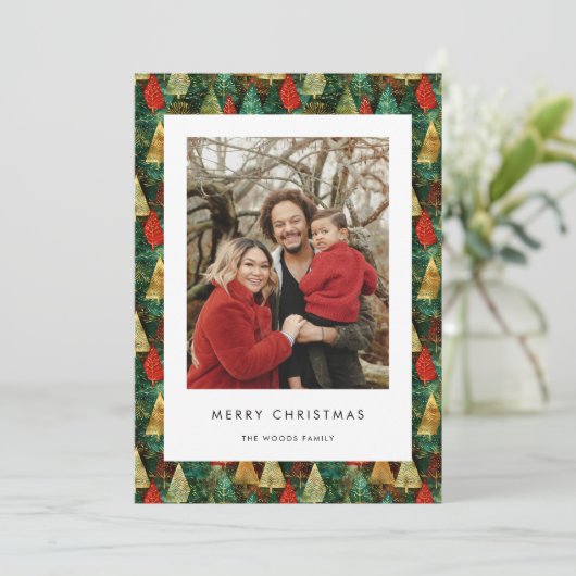 Modern groen en rood vrolijk kerstfeest familiefot feestdagenkaart (Staand voorkant)