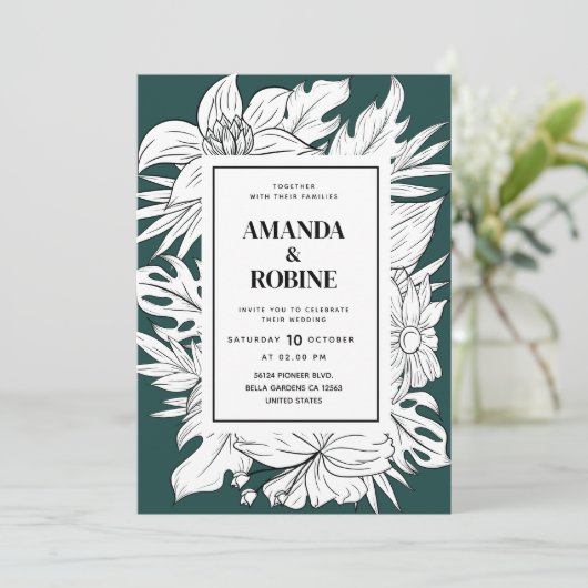 Modern groen en wit tropische bloemen bruiloft kaart (Staand voorkant)