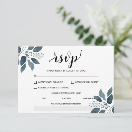 Modern groen Entree Maaltijd Keuze Bruiloft RSVP Kaartje (Staand voorkant)