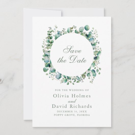 Modern groen eucalyptus botanische bruiloft save the date (Voorkant)