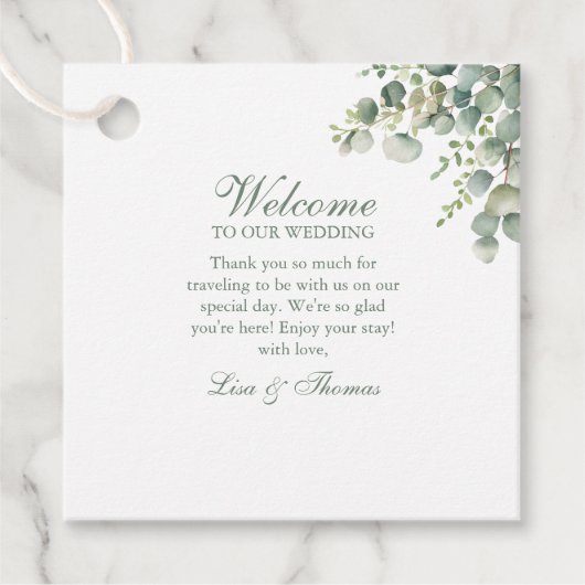 Modern groen eucalyptus bruiloft bedankjes labels (Voorkant)