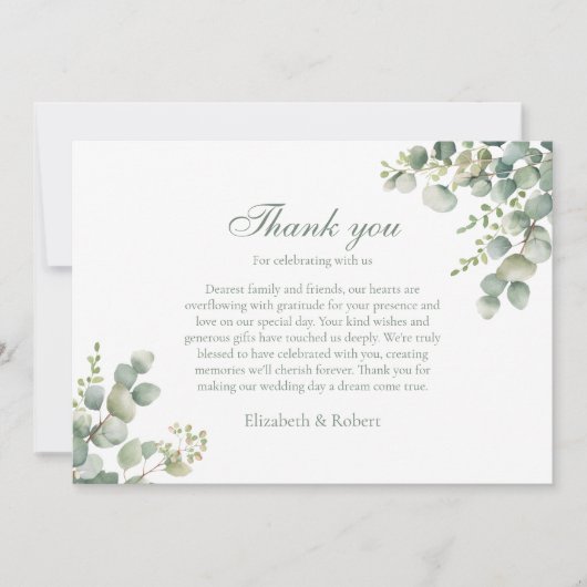 Modern groen eucalyptus bruiloft bedankkaart (Voorkant)