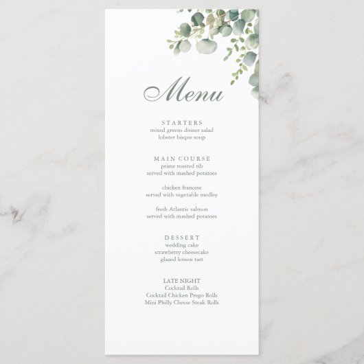 Modern groen eucalyptus bruiloft menu (Voorkant)