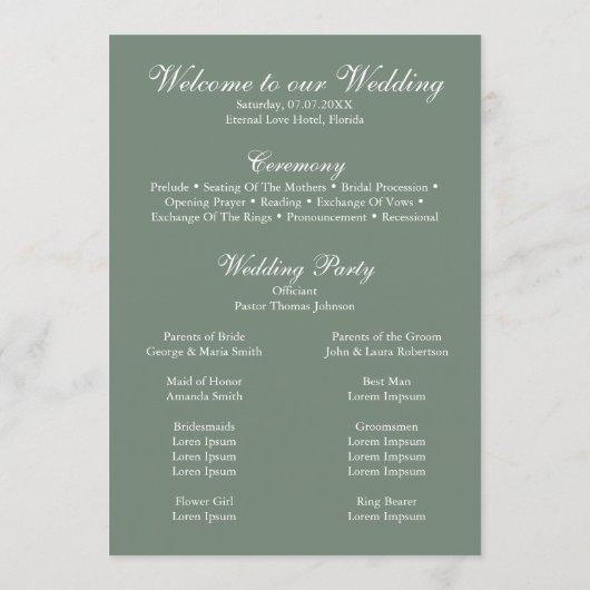 Modern groen eucalyptus bruiloft programma programmakaart (Achterkant)