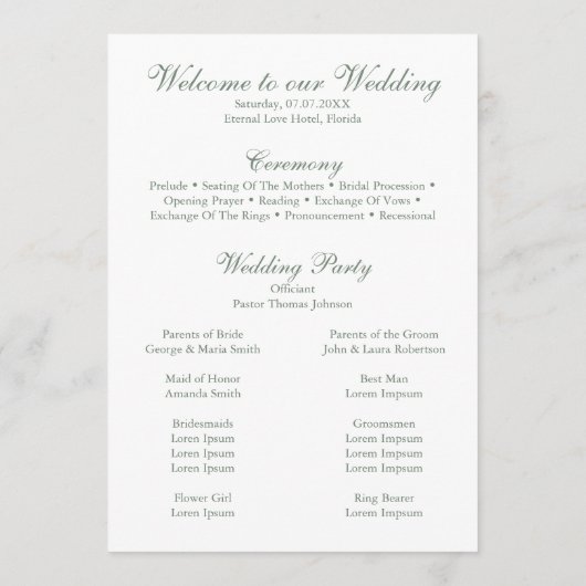 Modern groen eucalyptus bruiloft programma programmakaart (Achterkant)