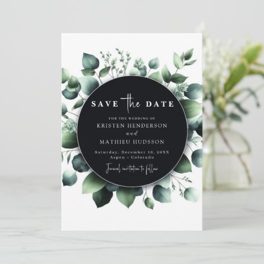 Modern groen Eucalyptus digitale bruiloft Save The Date (Staand voorkant)