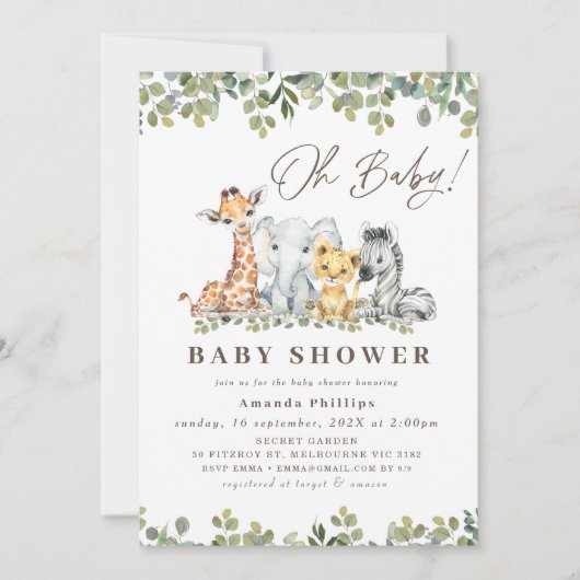 Modern groen Eucalyptus Foliage Safari Baby shower Kaart (Voorkant)