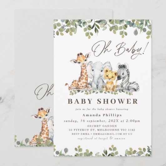 Modern groen Eucalyptus Foliage Safari Baby shower Kaart (Voorkant / Achterkant)