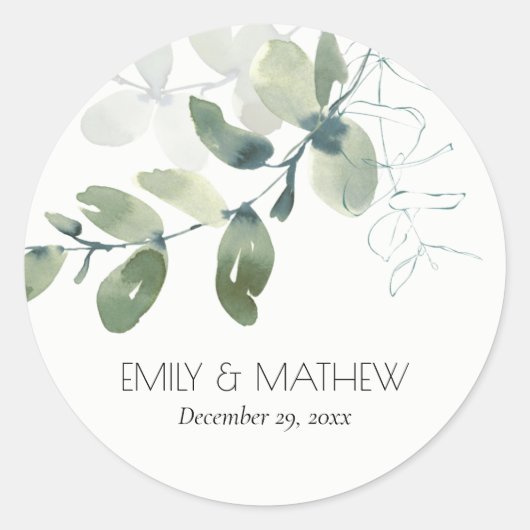 MODERN GROEN EUCALYPTUS FOLIAGE WATERVERF WEDDING RONDE STICKER (Voorkant)