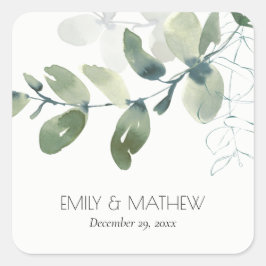 MODERN GROEN EUCALYPTUS FOLIAGE WATERVERF WEDDING VIERKANTE STICKER