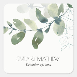 MODERN GROEN EUCALYPTUS FOLIAGE WATERVERF WEDDING VIERKANTE STICKER