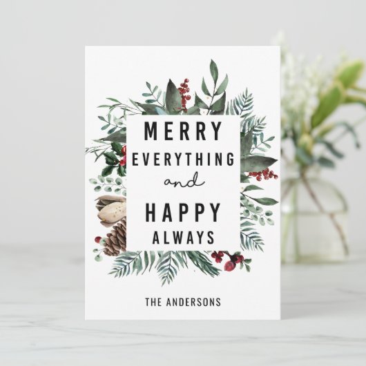 Modern groen foliage-vun script Magnolia Floral Feestdagenkaart (Staand voorkant)