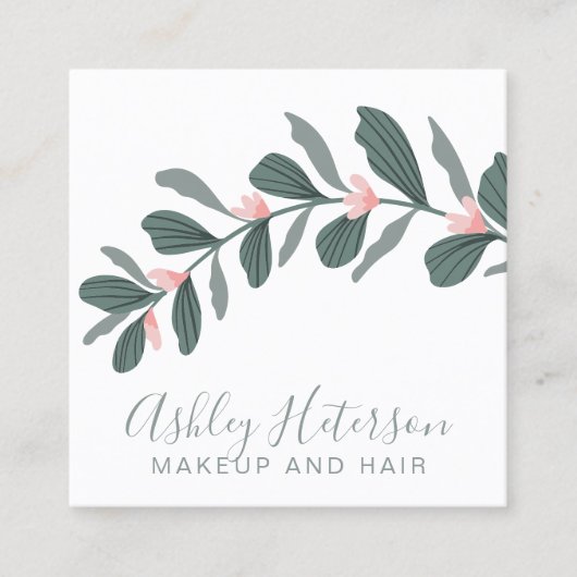 Modern groen gebladerte make-up haar logo vierkante visitekaartje (Voorkant)