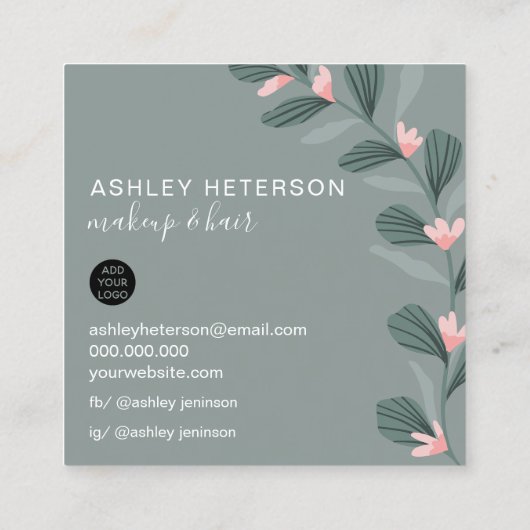 Modern groen gebladerte make-up haar logo vierkante visitekaartje (Achterkant)