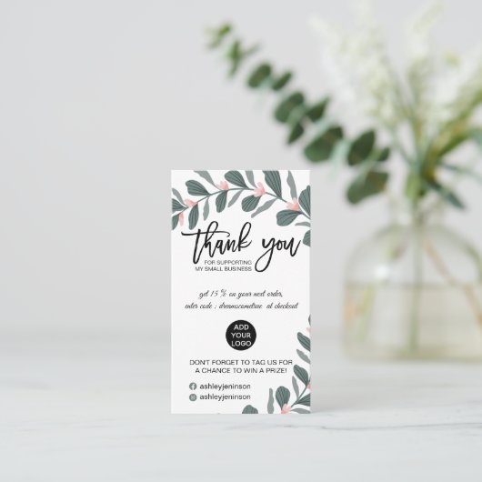 Modern groen gebladerte roze logo orde dank u visitekaartje (Staand voorkant)