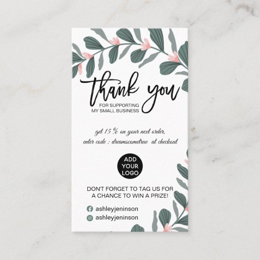 Modern groen gebladerte roze logo orde dank u visitekaartje (Voorkant)