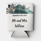 Modern groen geometrisch ontwerp roze bloem blikjeskoeler (Voorkant)