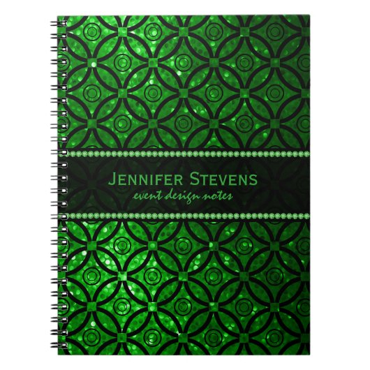 Modern groen glitter en zwart geometrisch patroon notitieboek (Voorkant)