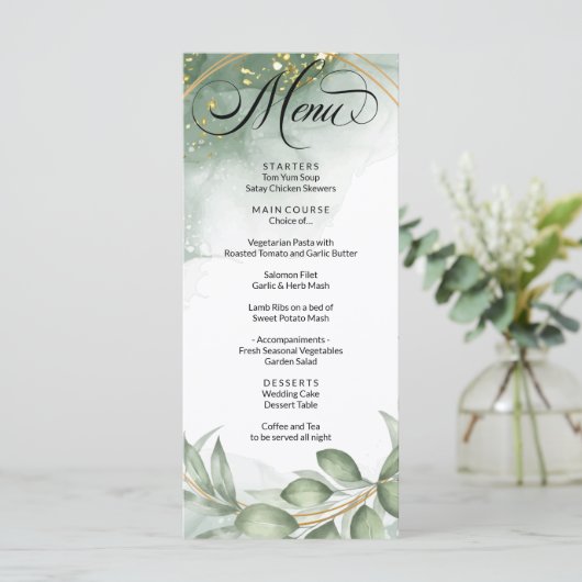 Modern Groen Gold Lijst Foliage Wedding Menu (Staand voorkant)