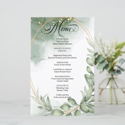 Modern Groen Gold Lijst Foliage Wedding Menu (Staand voorkant)