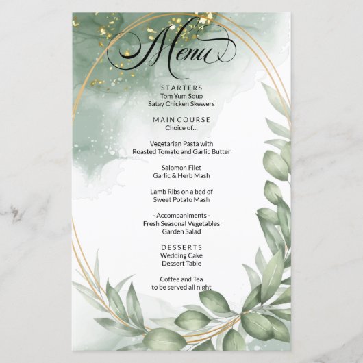 Modern Groen Gold Lijst Foliage Wedding Menu (Voorkant)