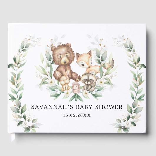 Modern groen Goud Bos Dieren Neutraal Baby Gastenboek (Voorkant)