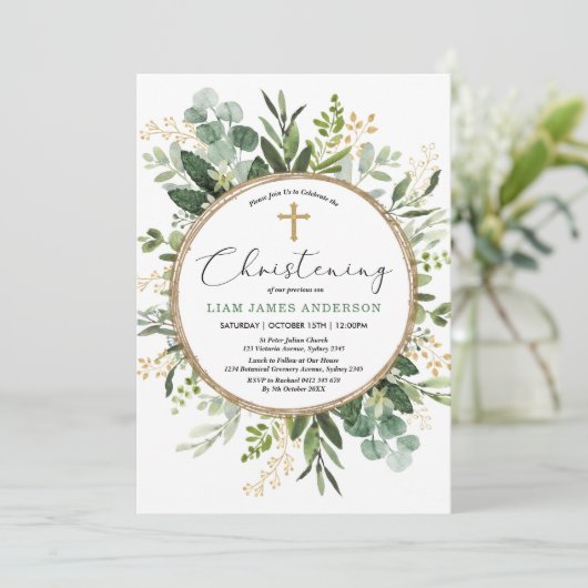 Modern groen goud botanische bladeren doopsel kaart (Staand voorkant)