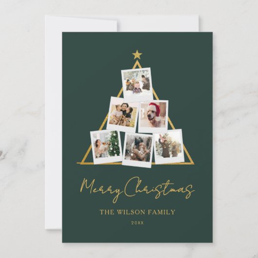 Modern Groen Goud Fotocollage Kerstmis Feestdagenkaart (Voorkant)
