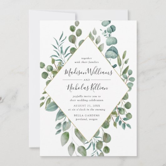 Modern groen | Goud Geometrisch Lijst Bruiloft Kaart (Voorkant)