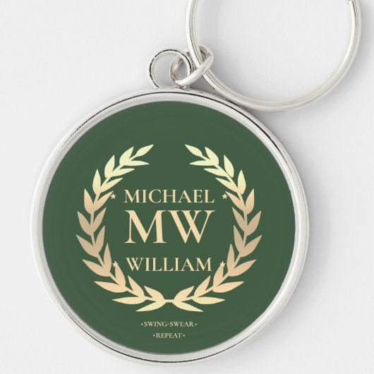 Modern Groen Goud Golfer Monogram Naam Initialen Sleutelhanger (Voorkant)