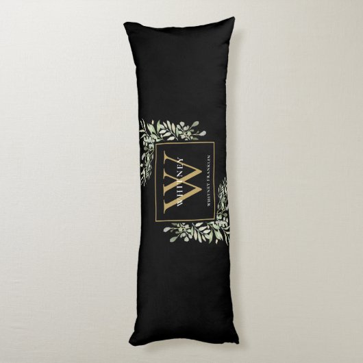 Modern groen goud monogram zwart lichaamskussen (Achterkant (Verticaal))