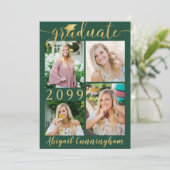 Modern Groen Goud Script 5 Foto Afstuderen Aankondiging (Staand voorkant)