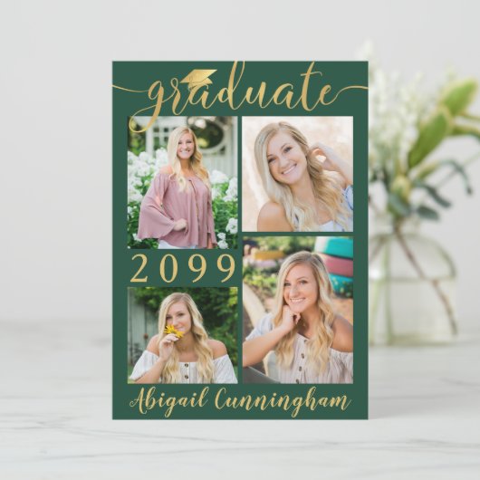 Modern Groen Goud Script 5 Foto Afstuderen Aankondiging (Staand voorkant)
