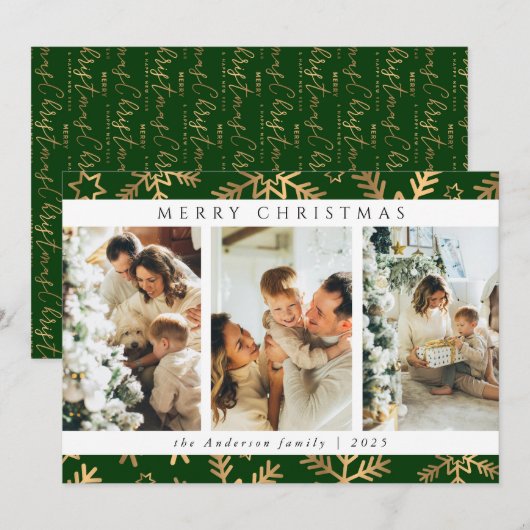 Modern Groen Goud Vrolijk Kerstfeest Fotocollage Feestdagenkaart (Voorkant / Achterkant)