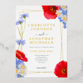 Modern Groen Goud Zomer Bloemen Bruiloft Folie Uitnodiging (Voorkant)