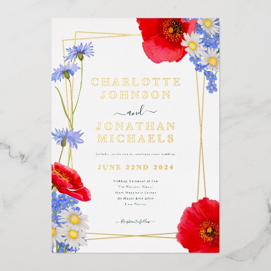 Modern Groen Goud Zomer Bloemen Bruiloft Folie Uitnodiging (Voorkant)