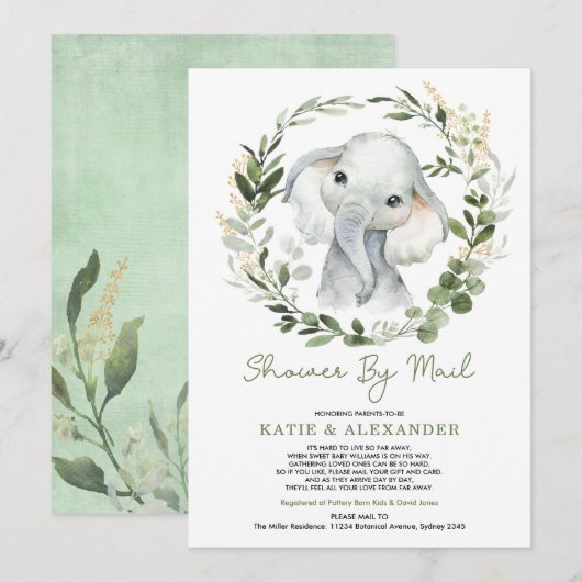 Modern groen gouden olifant Baby shower per post Kaart (Voorkant / Achterkant)