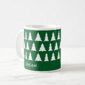 Modern groen kerstboom patroon met naam koffiemok (Voorkant links)