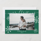 Modern groen kerstscript sneeuwvlokken foto feestdagenkaart (Voorkant)