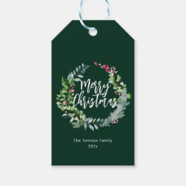 Modern groen krans vakantie script kerst cadeaulabel