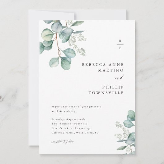 Modern groen laat eucalyptus bruiloft kaart (Voorkant)