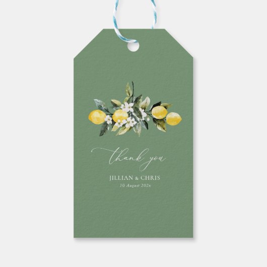 Modern groen Lemon Bloemen bruiloft Dank u Cadeaulabel (Achterkant)