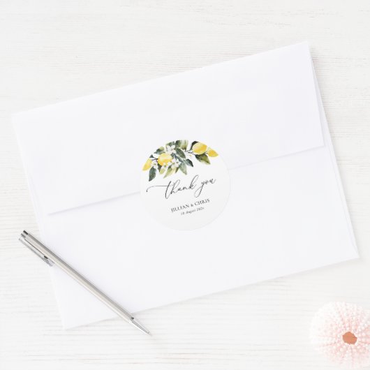 Modern groen Lemon Bloemen bruiloft Dank u Ronde Sticker (Envelop)