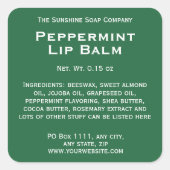 Modern groen met witte tekst lippenbalsem tube lab vierkante sticker (Voorkant)