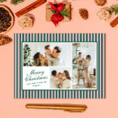 Modern Groen n Roze Streep 3 Foto Kerst Kaart