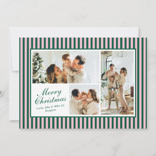 Modern Groen n Roze Streep 3 Foto Kerst Kaart (Voorkant)