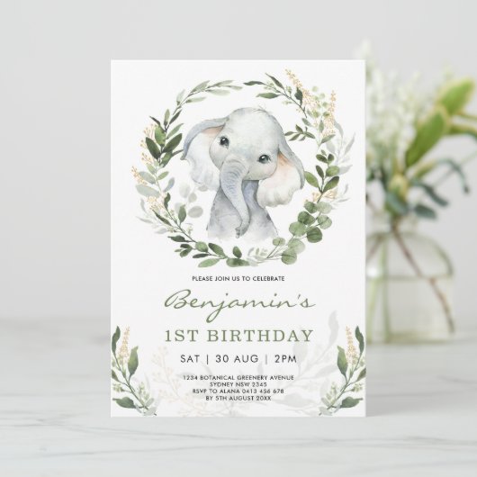 Modern groen olifant | Groen goud 1e verjaardag Kaart (Staand voorkant)