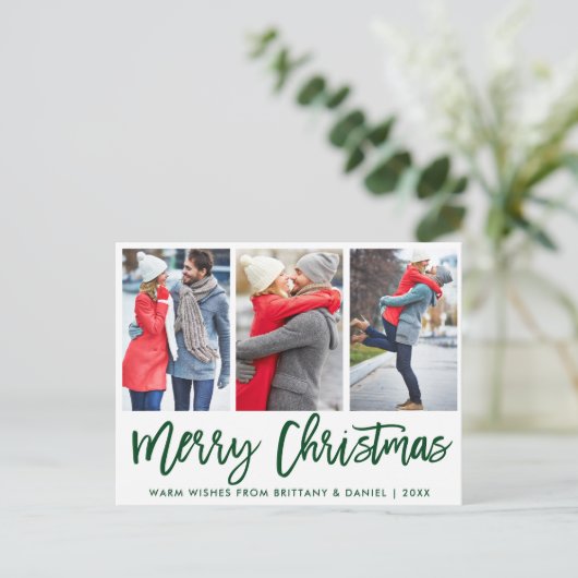Modern groen penseelscript 3 Fotopaar kerstmis Briefkaart (Staand voorkant)